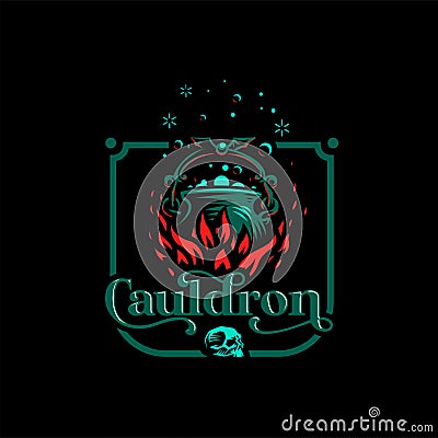 Magic cauldron with a bat handle. Vector Illustration